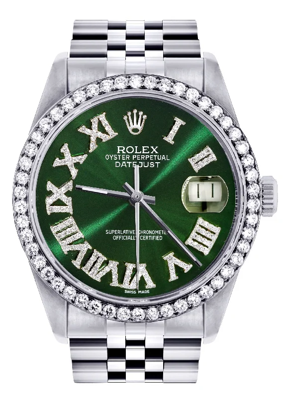 Diamond Mens  Rolex Datejust Watch 16200 | 36Mm | Custom Green Roman Numeral Dial | Jubilee Band