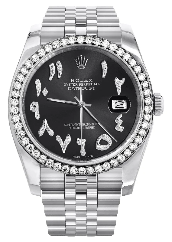 116200 | Hidden Clasp | Diamond Rolex Datejust Watch | 36 MM | Custom Arabic Diamond Dial | Jubilee Band | Diamond Bezel