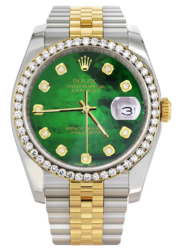 116233 | Hidden Clasp | Diamond Rolex Datejust Two Tone | 36MM | Green Diamond Mother Of Pearl Dial | Jubilee Band