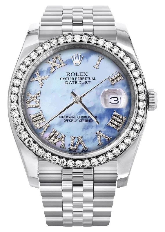 116200 | Hidden Clasp | Diamond Rolex Datejust Watch | 36Mm | Blue Mother Of Pearl Roman Numeral Dial | Jubilee Band