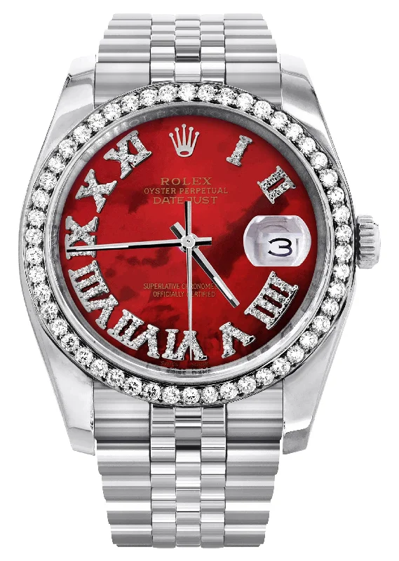 116200 | Hidden Clasp | Diamond Rolex Datejust Watch | 36Mm | Diamond Red Mother Of Pearl Roman Numeral Dial | Jubilee Band