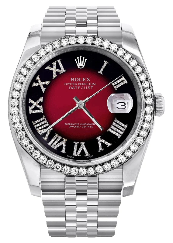 116200 | Hidden Clasp | Diamond Rolex Datejust Watch | 36Mm | Diamond Red Roman Numeral Dial | Jubilee Band