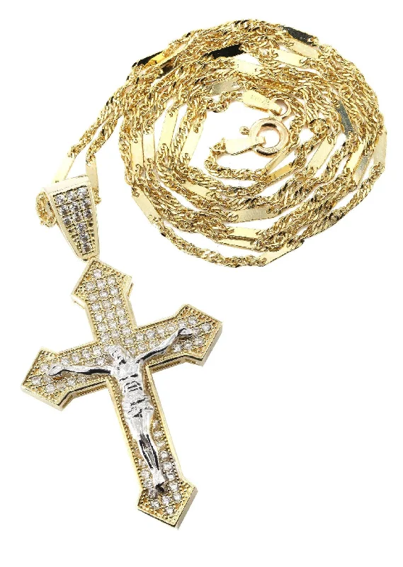 10K Yellow Gold Fancy Link  Gold Cross / Crucifix Necklace | Appx. 7.4 Grams