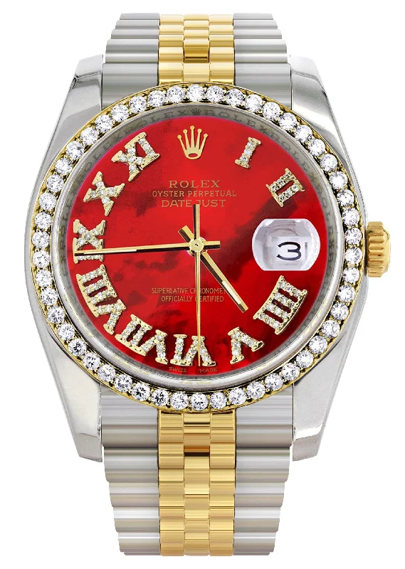 116233 | Hidden Clasp | Gold & Steel Rolex Datejust Watch | 36Mm | Diamond Red Roman Dial | Jubilee Band