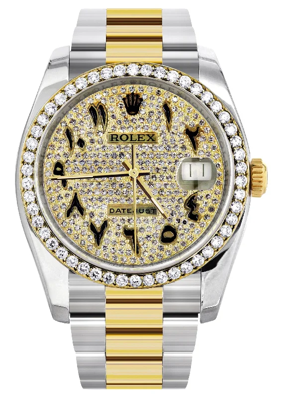 116233 | Diamond Gold Rolex Watch For Men | 36MM | Arabic Diamond Dial | Oyster Band