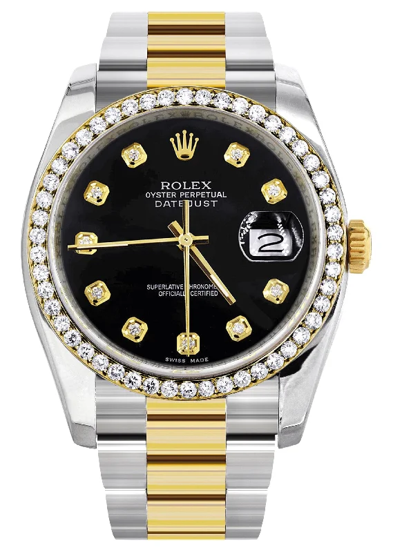 116233 | Diamond Gold Rolex Watch For Men | 36Mm | Black Dial | Oyster Band