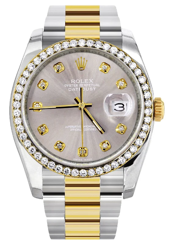 116233 | Diamond Gold Rolex Watch For Men | 36Mm | Gray Dial | Oyster Band