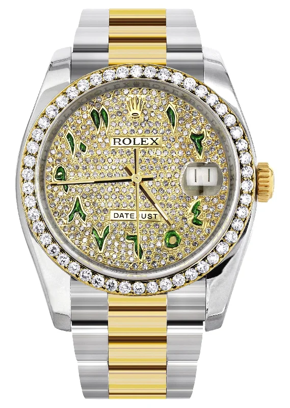 116233 | Diamond Gold Rolex Watch For Men | 36MM | Green Arabic Diamond Dial | Oyster Band