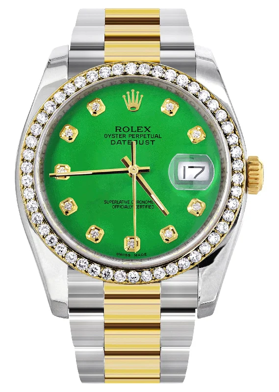 116233 | Diamond Gold Rolex Watch For Men | 36Mm | Green Dial | Oyster Band