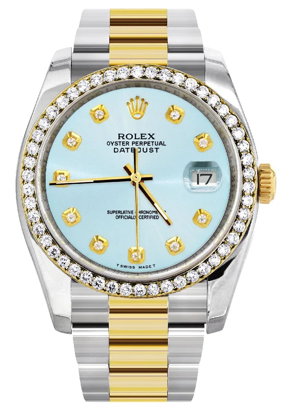 116233 | Diamond Gold Rolex Watch For Men | 36Mm | Light Blue Dial | Oyster Band