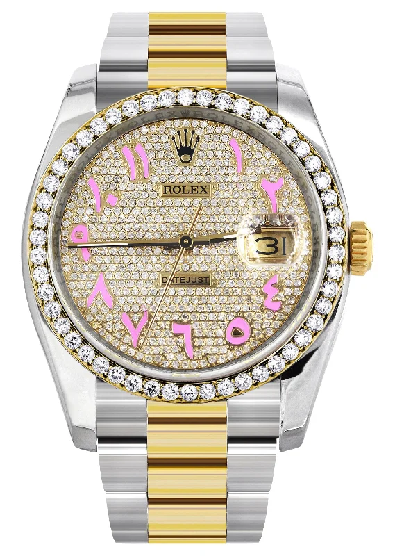 116233 | Diamond Gold Rolex Watch For Men | 36MM | Pink Arabic Diamond Dial | Oyster Band