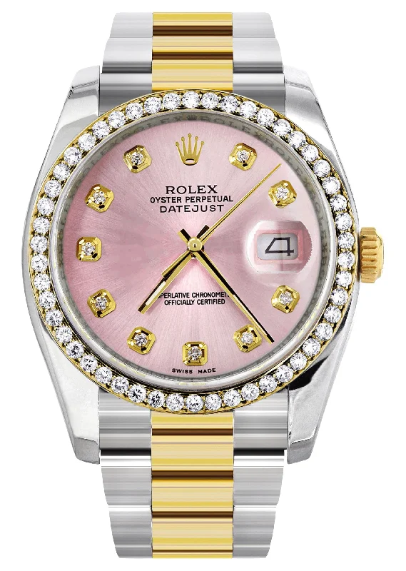 116233 | Diamond Gold Rolex Watch For Men | 36Mm | Pink Dial | Oyster Band