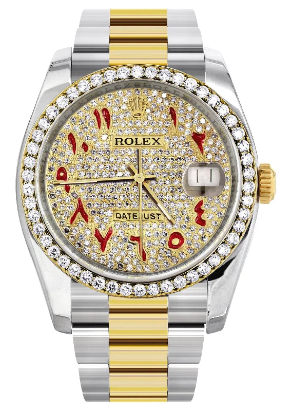 116233 | Diamond Gold Rolex Watch For Men | 36MM | Red Arabic Diamond Dial | Oyster Band