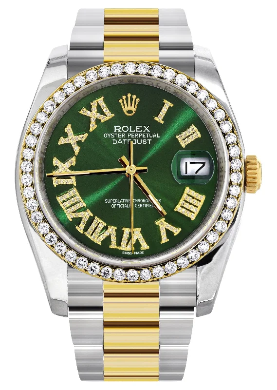 116233 | Gold & Steel Rolex Datejust Watch | 36Mm | Green Roman Diamond Dial | Oyster Band