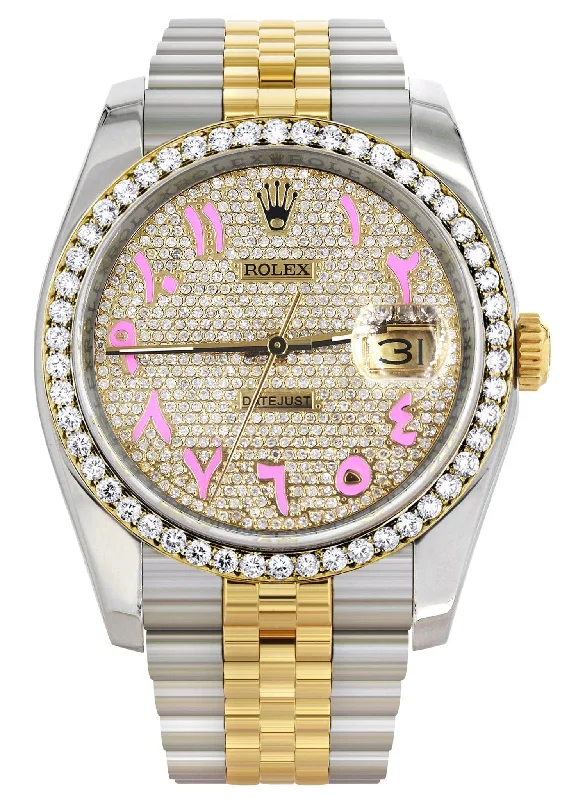 116233 | Hidden Clasp | Diamond Gold Rolex Watch For Men | 36Mm | Custom Pink Arabic Full Diamond Dial | Jubilee Band