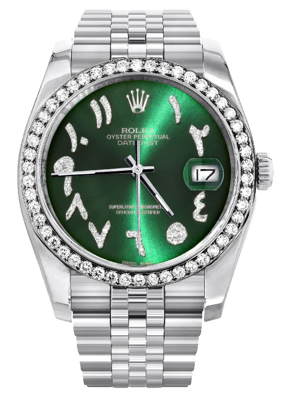 116200 | Hidden Clasp | Diamond Rolex Datejust Watch | 36Mm | Green Arabic Diamond Dial | Jubilee Band