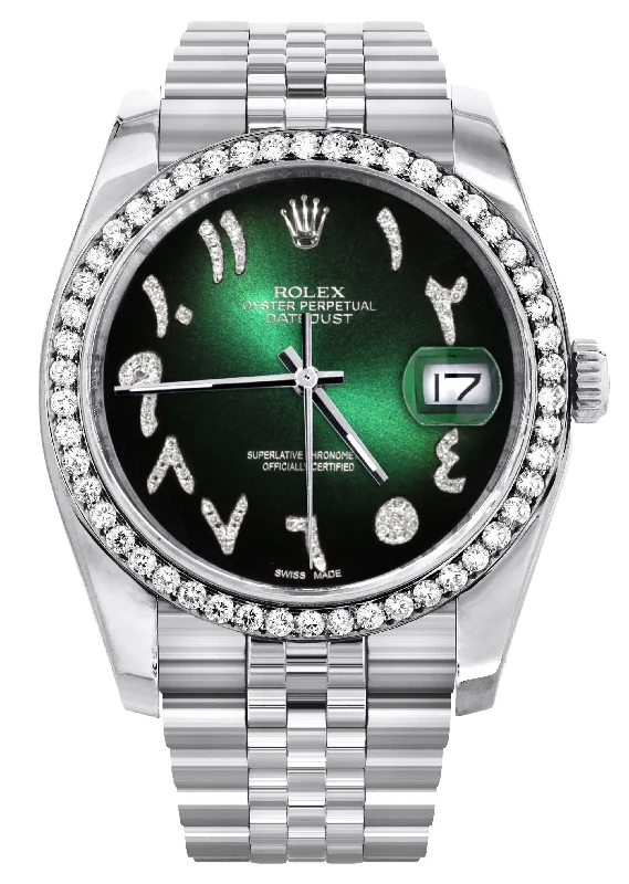 116200 | Hidden Clasp | Diamond Rolex Datejust Watch | 36Mm | Green Black Arabic Diamond Dial | Jubilee Band