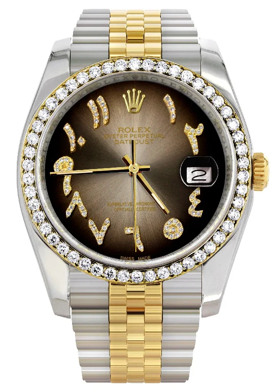 116233 | Hidden Clasp | Gold & Steel Rolex Datejust Watch | 36Mm | Brown Arabic Diamond Dial | Jubilee Band