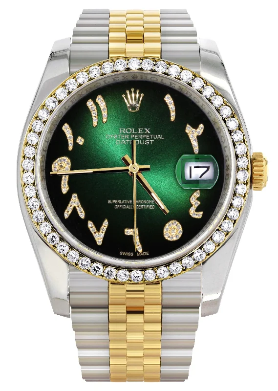 116233 | Hidden Clasp | Gold & Steel Rolex Datejust Watch | 36Mm | Green Black Arabic Diamond Dial | Jubilee Band