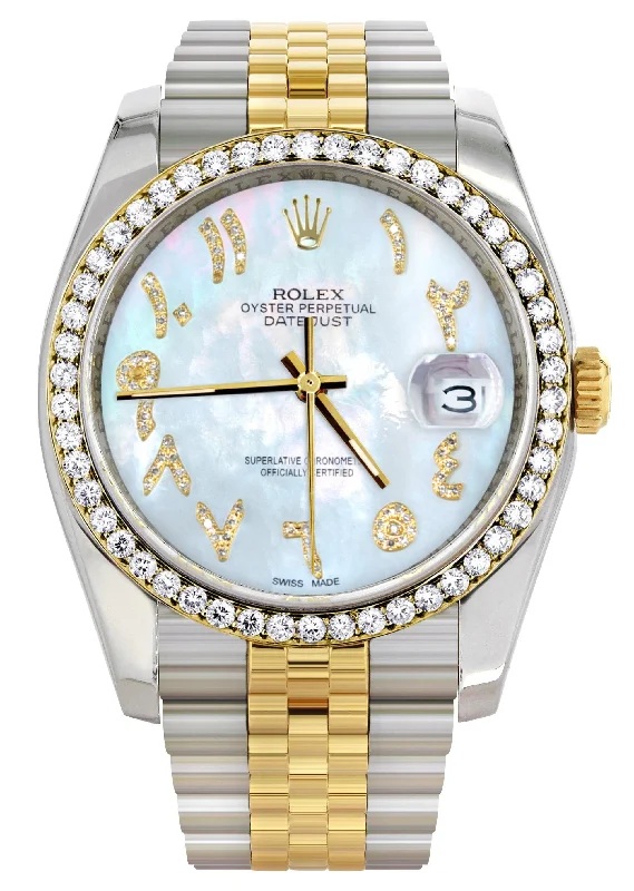 116233 | Hidden Clasp | Gold & Steel Rolex Datejust Watch | 36Mm | Mother of Pearl Arabic Diamond Dial | Jubilee Band