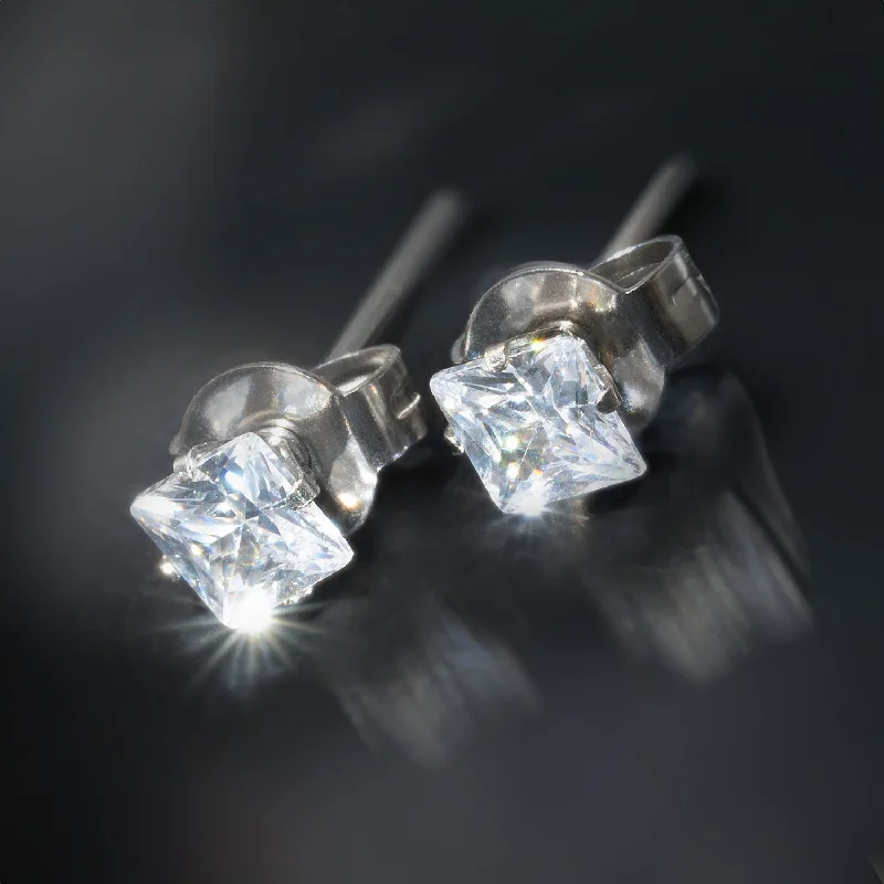 Square Diamond Stud Earrings-Pair