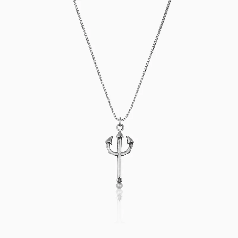 Oxidised Silver Trident Pendant For Him