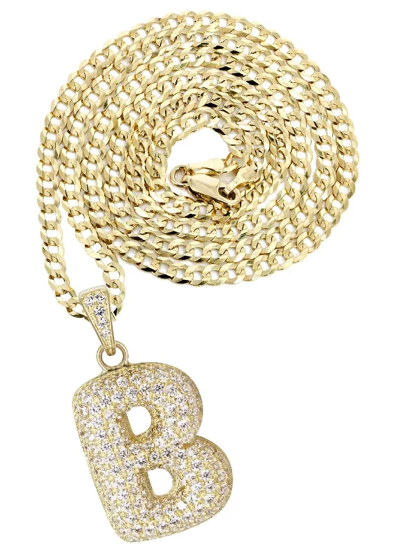 10K Yellow Gold Bubble Letter ""B"" CZ Necklace | Appx. 13.8 Grams