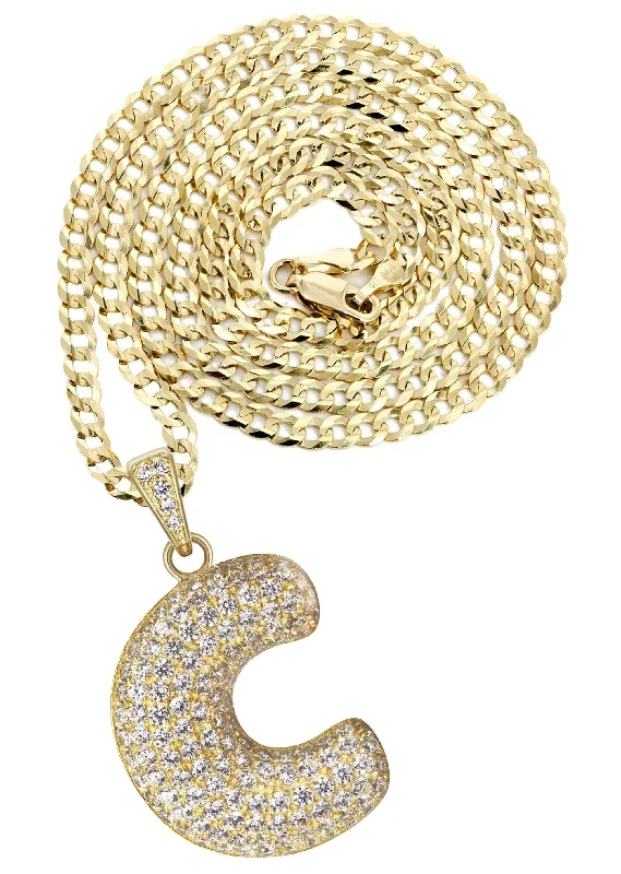 10K Yellow Gold Bubble Letter ""C"" CZ Necklace | Appx. 13.1 Grams