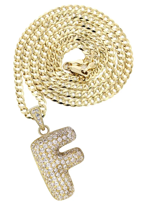 10K Yellow Gold Bubble Letter ""F"" CZ Necklace | Appx. 12.9 Grams