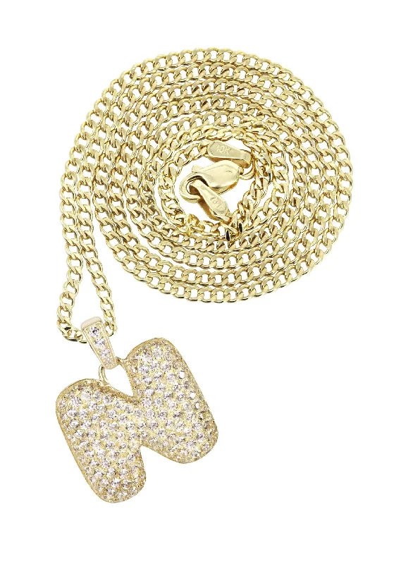 10K Yellow Gold Bubble Letter ""N"" CZ Necklace | Appx. 5 Grams