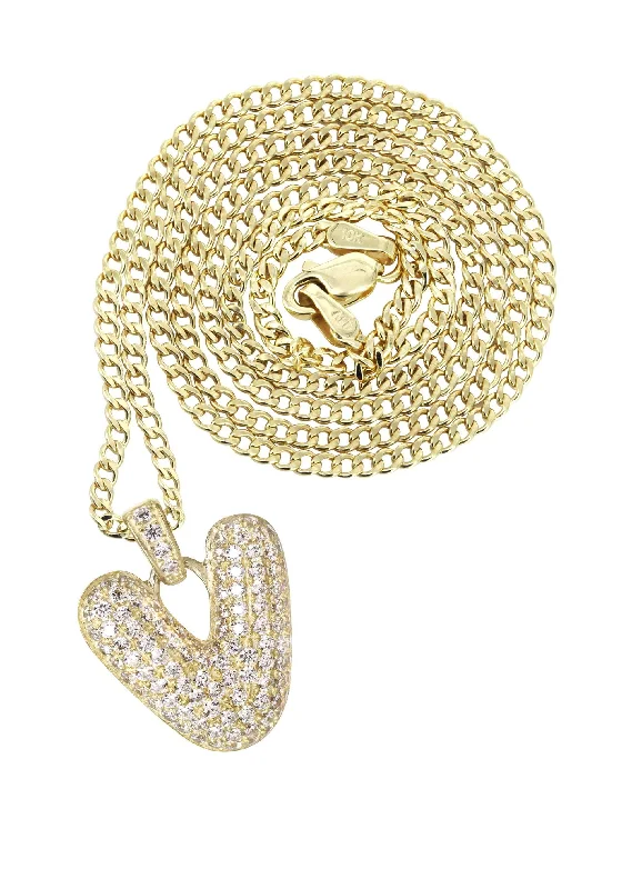 10K Yellow Gold Bubble Letter ""V"" CZ Necklace | Appx. 4.5 Grams