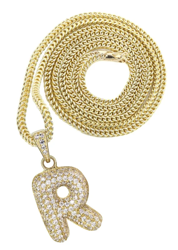 10K Yellow Gold Bubble Letter ""R"" CZ Necklace | Appx. 13.6 Grams