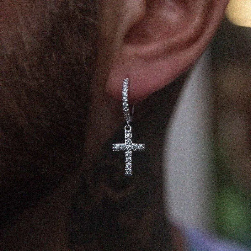 Diamond Cross Hoop Earrings in White Gold