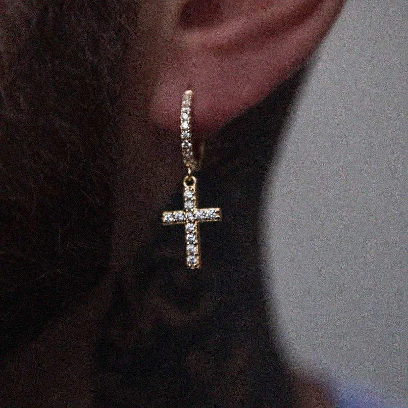 Diamond Cross Hoop Earrings in Yellow Gold