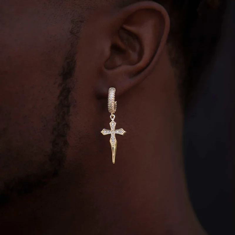 Dripping Cross Hoop Earrings in Yellow Gold