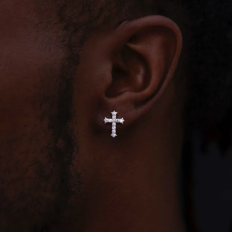 Micro Cross Stud Earrings in White Gold