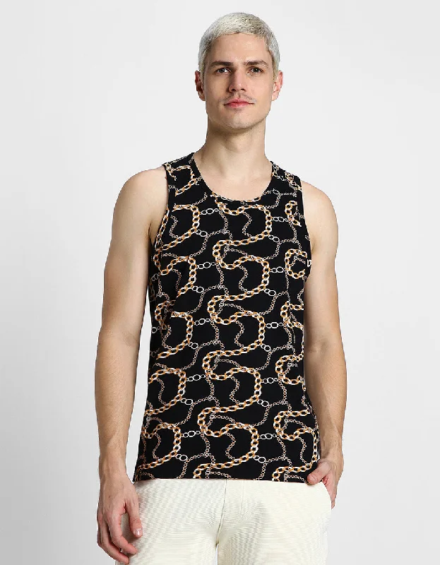 Black Chain Printed Gym Vest