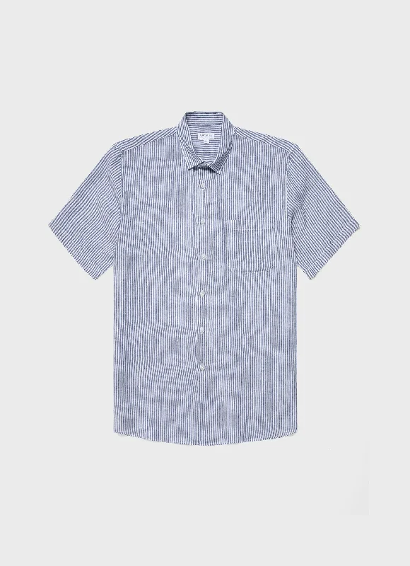 Men's Short Sleeve Linen Shirt in Navy/White Classic Stripe