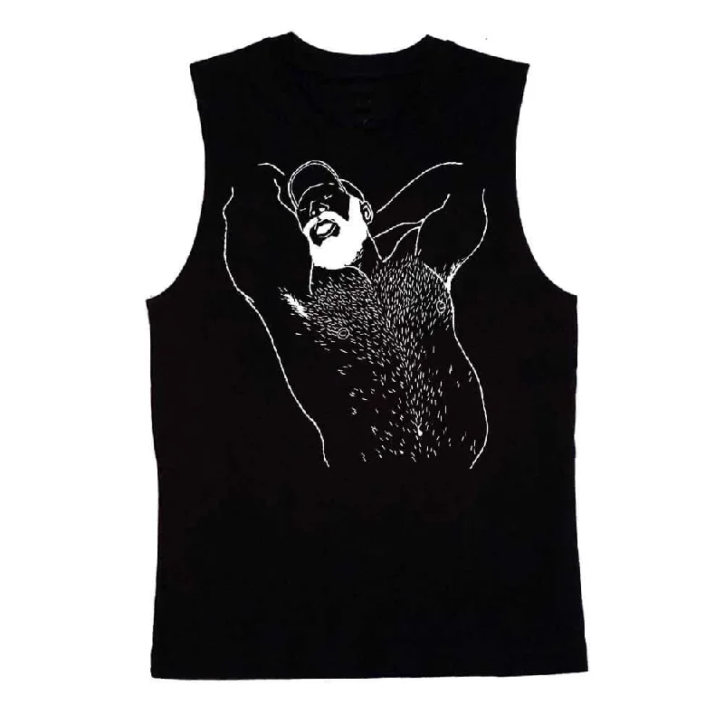 Kinky Needles Arms Up Bearded Bear White Print Sleeveless T-Shirt