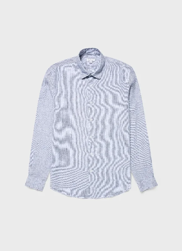 Men's Linen Shirt in White/Navy Micro Stripe