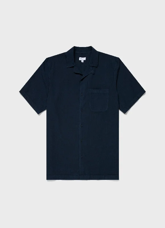 Men's Seersucker Camp Collar Shirt in Navy