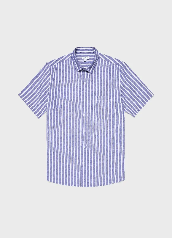 Men's Short Sleeve Linen Shirt in Navy/White