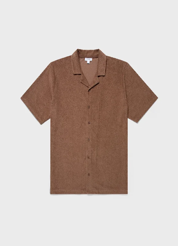 Men's Towelling Camp Collar Shirt in Dark Sand