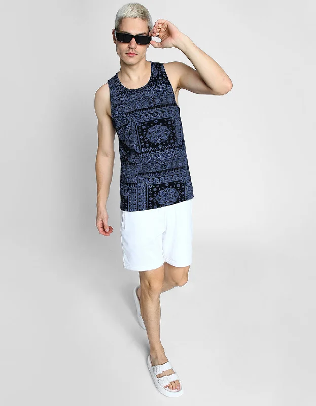 Navy Bandhana Printed Gym Vest